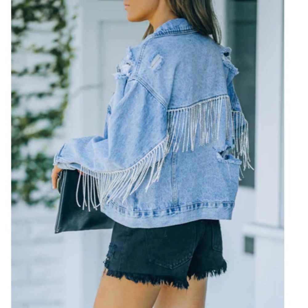 Denim Jacket with Rhinestone Fringe